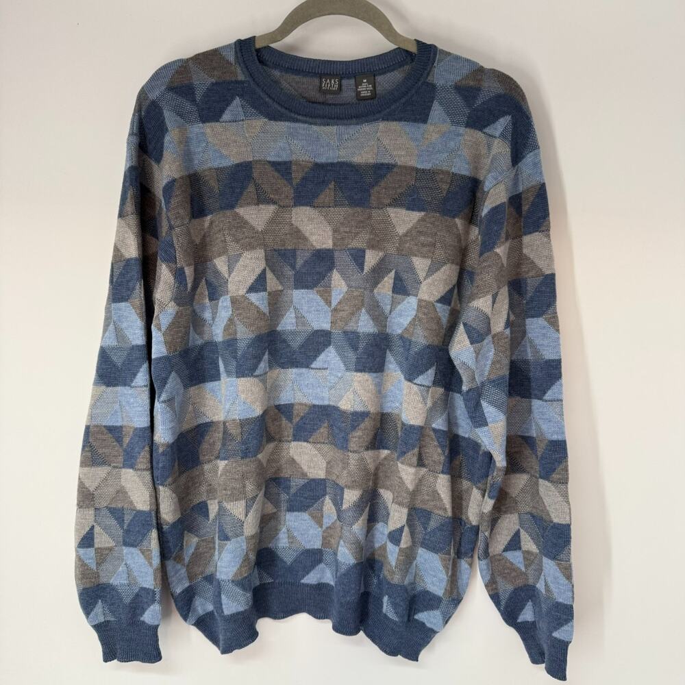 Saks Fifth Avenue Merino Wool Sweater Mens M Blue Gray Print Crew Neck Pullover